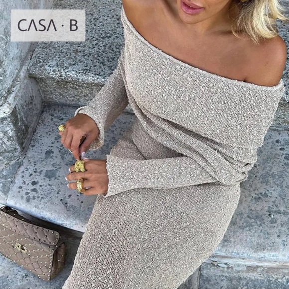 CASA B Dresses & Skirts - NEW to CASA B💫| Soriana Off the Shoulder Boucle Long Sleeve Draped Maxi Dress